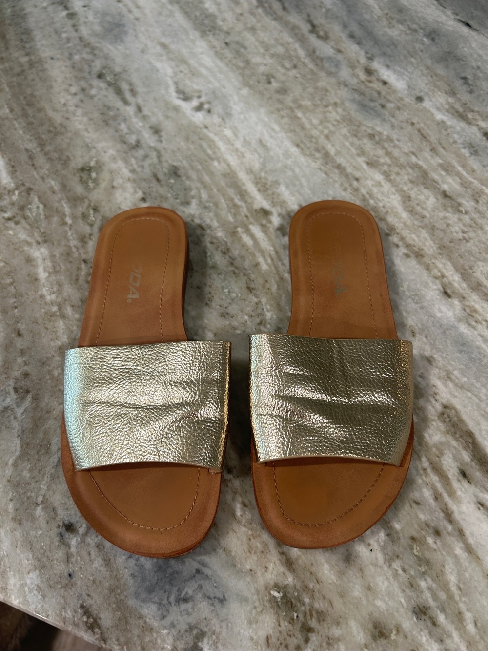 Soda Metallic Gold Slide Sandals with Tan Footbed
